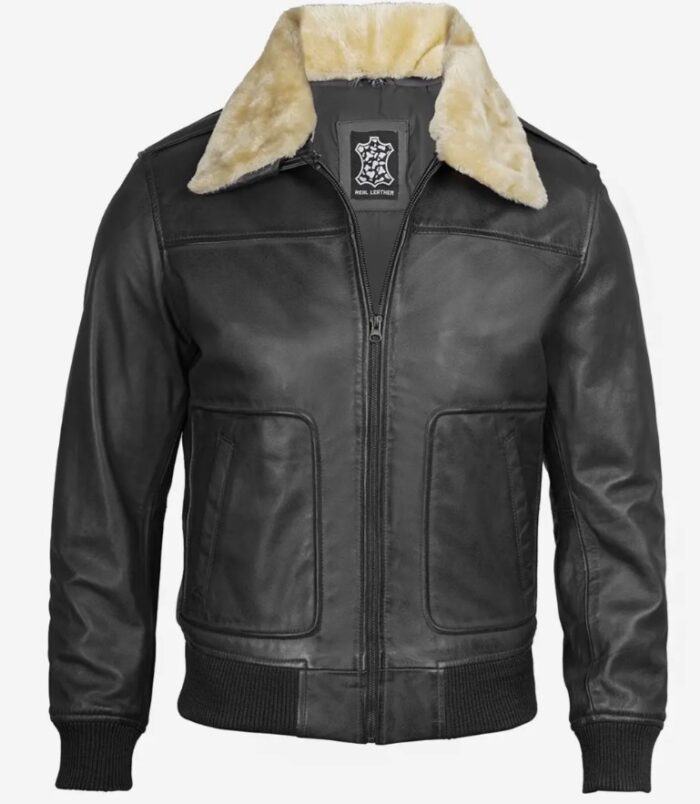 Garrett Black Mens Leather Bomber Jacket — Fur Collar - Image 4