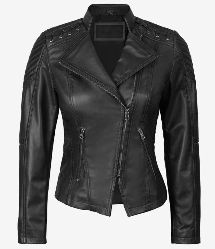 Erika Women's Black Leather Asymmetrical Motorcycle Jacket - Image 4