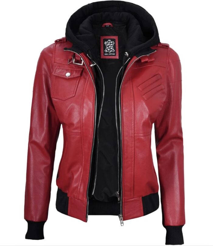 Women's Red Leather Jacket with Removable Hood - Image 4