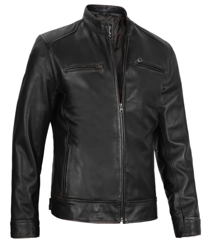 Dodge Men's Black Leather Cafe Racer Jacket - Low Stock - Image 4