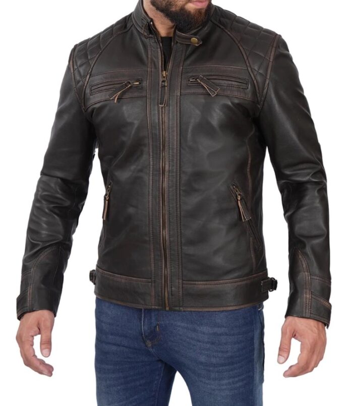 Men's Cafe Racer Distressed Brown Leather Jacket — Fast Delivery - Image 4