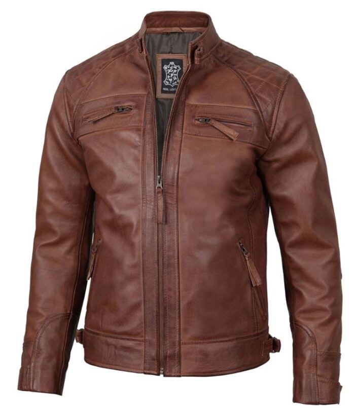 Men’s Cognac Brown Quilted Leather Motorcycle Jacket – Fitted & Rugged - Image 4