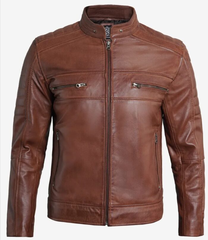 Austin Men Cafe Racer Cognac Brown Leather Jacket - Image 4