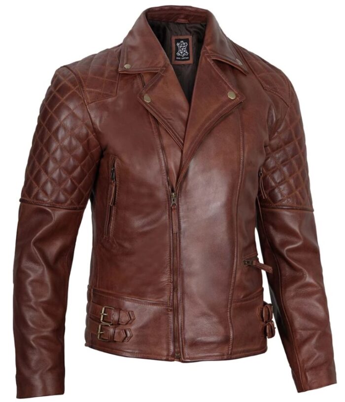 Men's Dark Brown Quilted Asymmetrical Leather Biker Jacket - Image 4