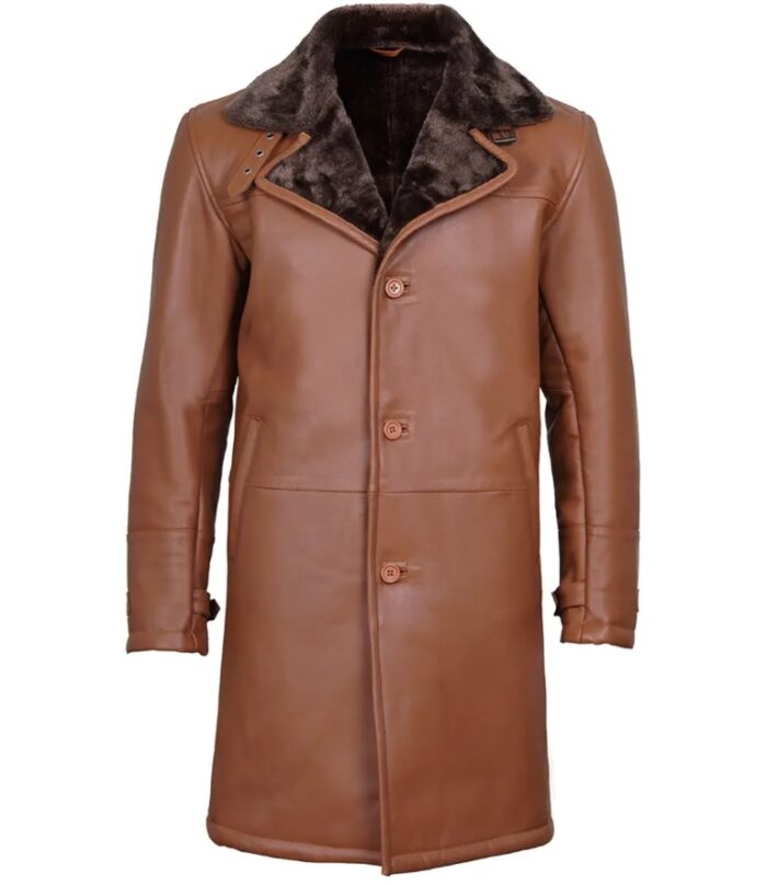 Men's Dark Brown Cognac Leather Shearling Coat - Image 4