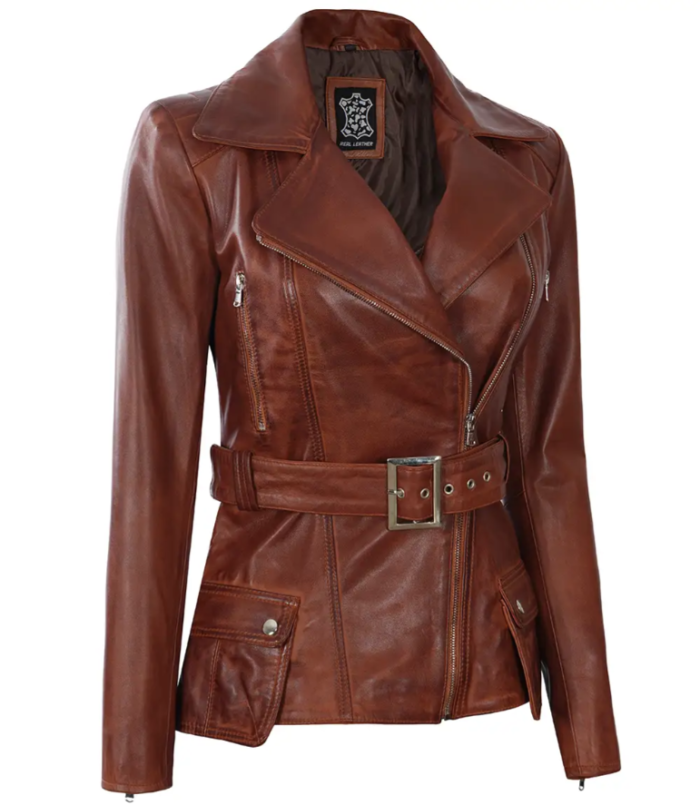 Women's Cognac Wax Asymmetrical Real Leather Jacket - Image 3