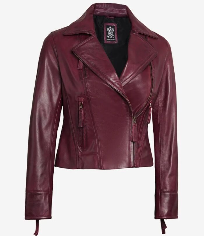 Ramsey Women's Maroon Asymmetrical Waxed Biker Leather Jacket - Image 4