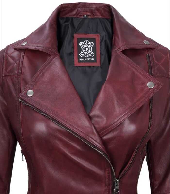 Kimberley Quilted Leather Motorcycle Maroon Jacket for Women - Image 4