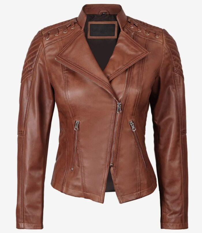 Erika Women's Cognac Brown Leather Asymmetrical Motorcycle Jacket - Image 4