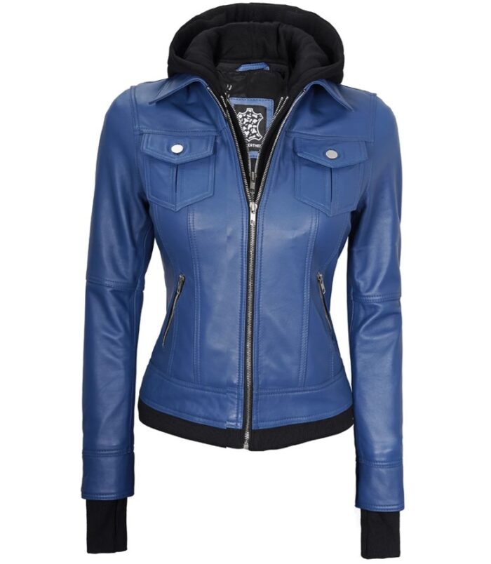 Betty Women's Blue Leather Jacket with Removable Hood - Image 4