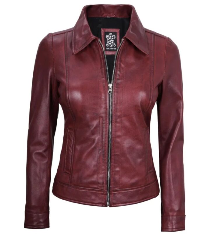 Jose Women's Harrington Leather Jacket Maroon - Image 4