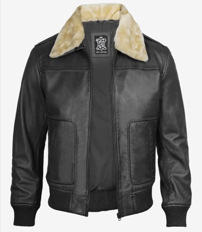 Garrett Black Mens Leather Bomber Jacket — Fur Collar - Image 5