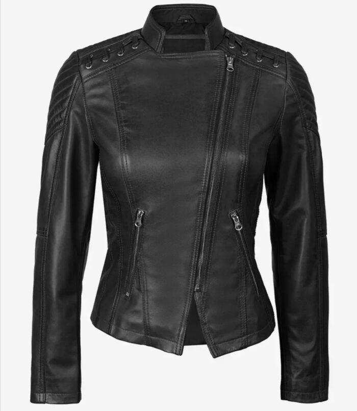 Erika Women's Black Leather Asymmetrical Motorcycle Jacket - Image 5