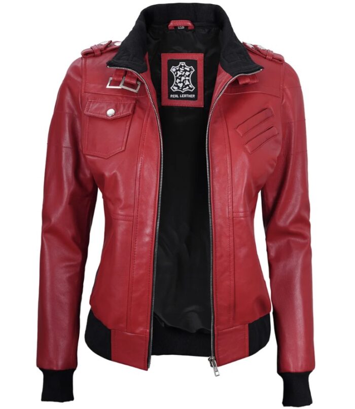 Women's Red Leather Jacket with Removable Hood - Image 5