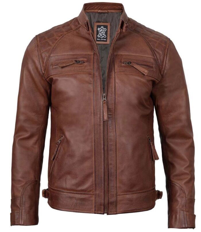 Men’s Cognac Brown Quilted Leather Motorcycle Jacket – Fitted & Rugged - Image 5