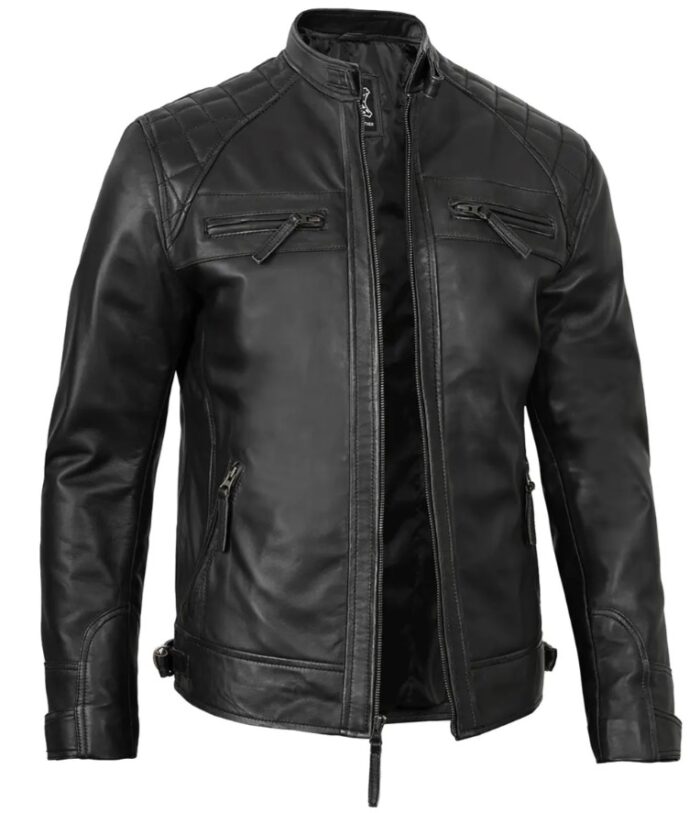 Men's Real Leather Cafe Racer Black Motorcycle Jacket — Fast Delivery - Image 5