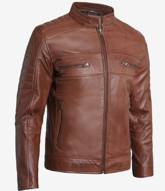 Austin Men Cafe Racer Cognac Brown Leather Jacket - Image 5