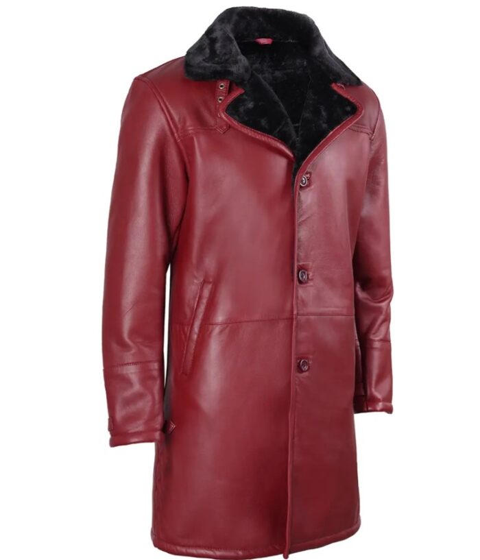 Men's Winter Maroon Leather with Black Shearling Long Coat - Image 5