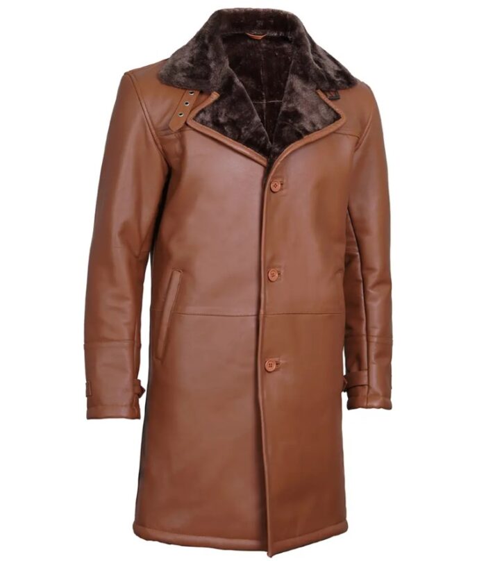 Men's Dark Brown Cognac Leather Shearling Coat - Image 5