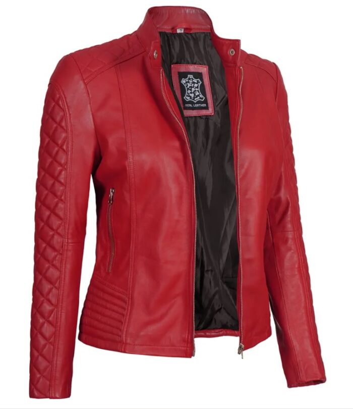 Women Red Quilted Sleeves Cafe Racer Leather Jacket - Image 5