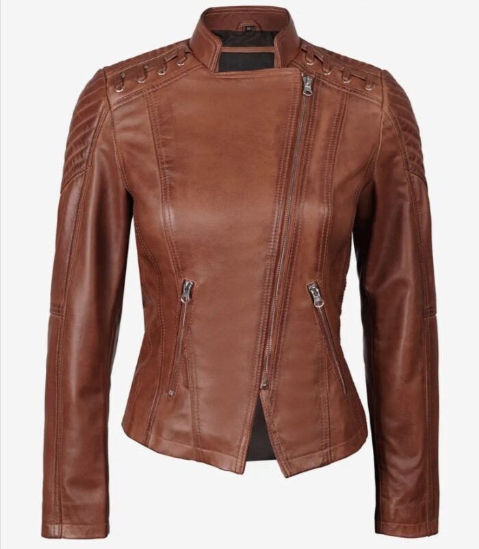 Erika Women's Cognac Brown Leather Asymmetrical Motorcycle Jacket - Image 5