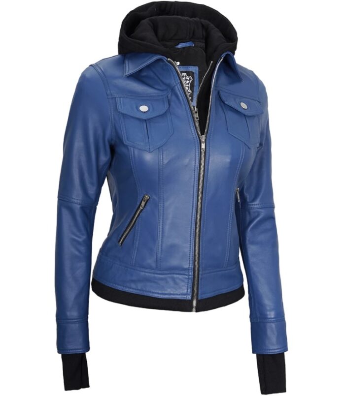 Betty Women's Blue Leather Jacket with Removable Hood - Image 5