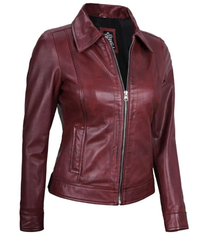 Jose Women's Harrington Leather Jacket Maroon - Image 5