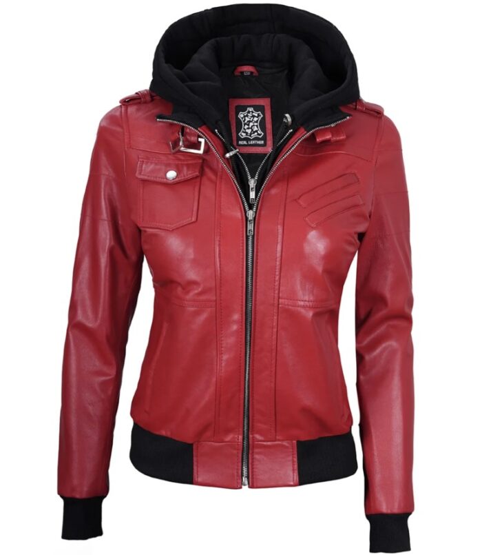 Women's Red Leather Jacket with Removable Hood - Image 6