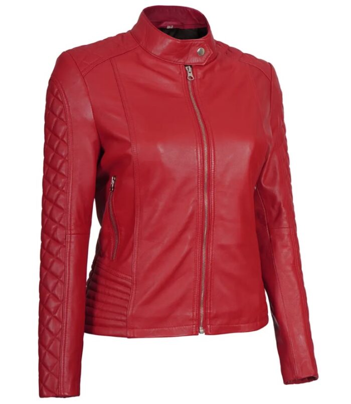 Women Red Quilted Sleeves Cafe Racer Leather Jacket - Image 6