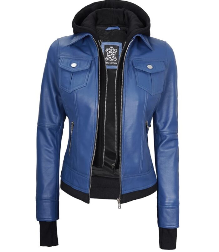 Betty Women's Blue Leather Jacket with Removable Hood - Image 6