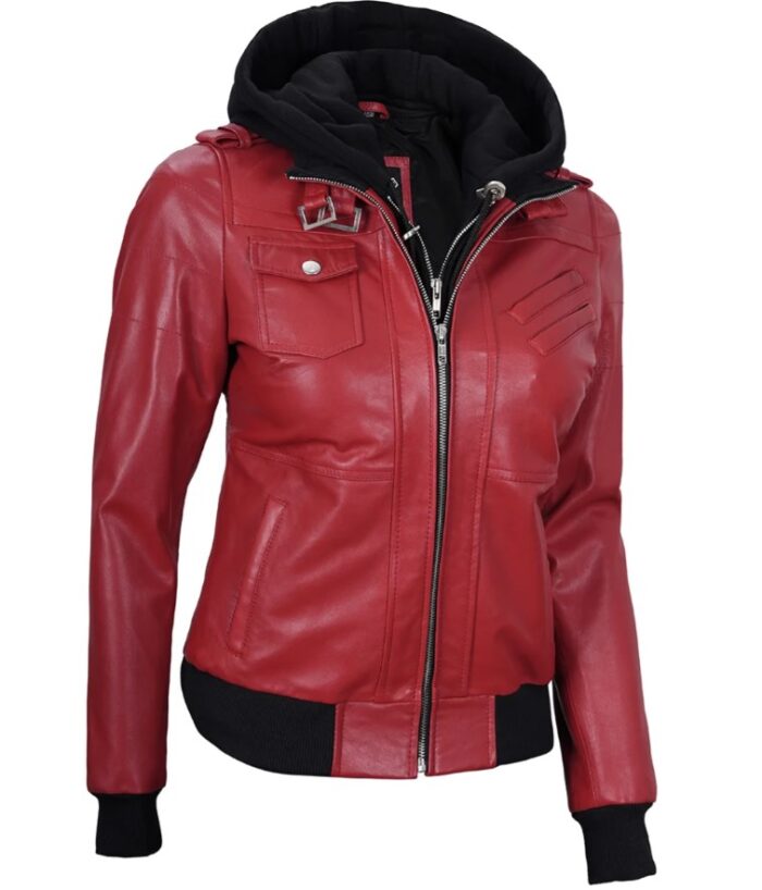 Women's Red Leather Jacket with Removable Hood - Image 7