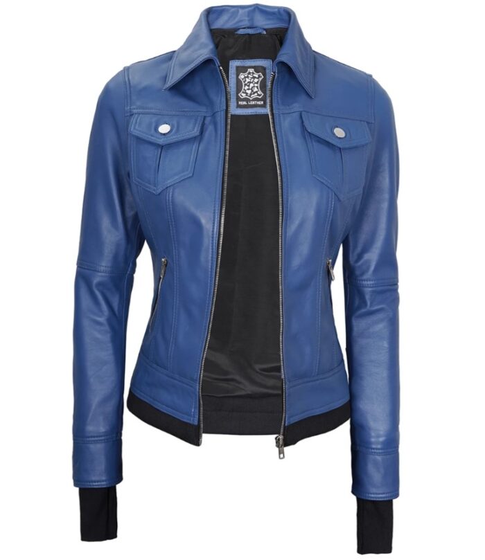 Betty Women's Blue Leather Jacket with Removable Hood - Image 7