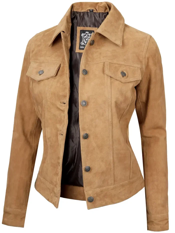 Women's Light Tan Suede Trucker Jacket – Stylish & Comfortable Outerwear