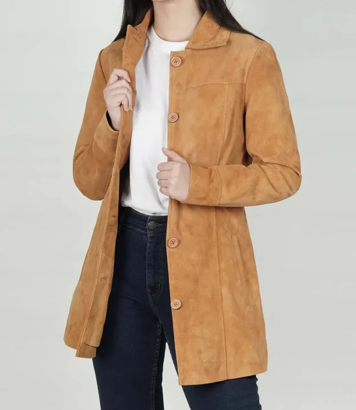 Kandis Brown Women's Suede Car Coat – Elegant & Warm Winter Outerwear