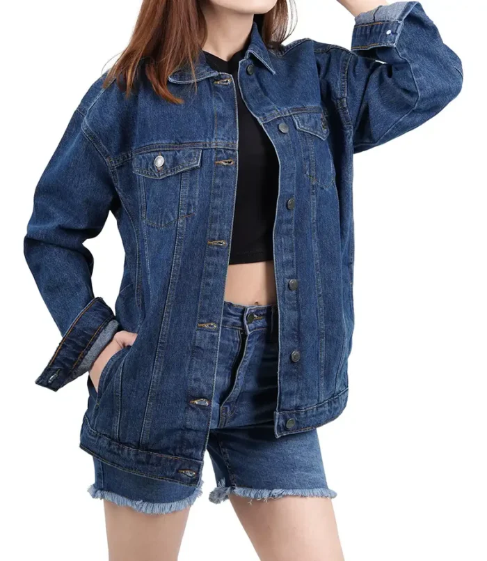 Women's Mid Blue Oversized Denim Jacket – Trendy & Comfortable Casual Outerwear