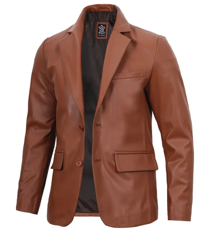 Men's Cognac Brown Real Leather Blazer – Premium Stylish Outerwear for Modern Sophistication