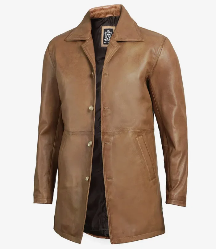 Winchester Men's Camel Brown 3/4-Length Leather Car Coat – Classic & Stylish Winter Outerwear