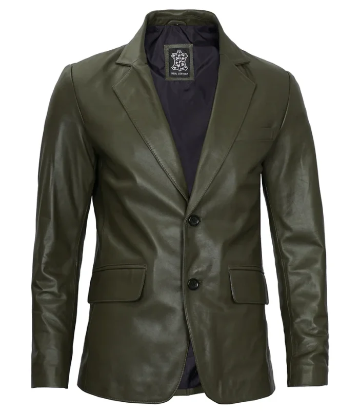 Men's Dark Green Leather Blazer – Slim Fit, Stylish, and Modern Outerwear