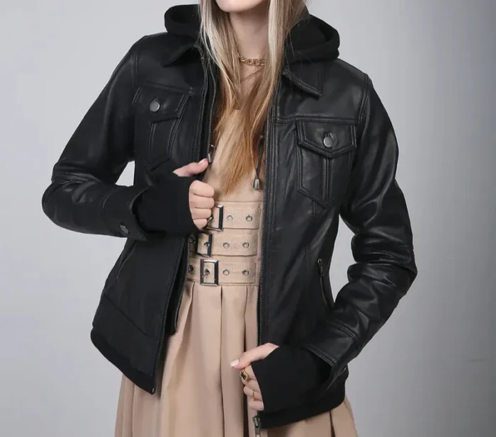 Women’s Black Leather Motorcycle Jacket with Hood – Stylish, Durable & Protective Outerwear