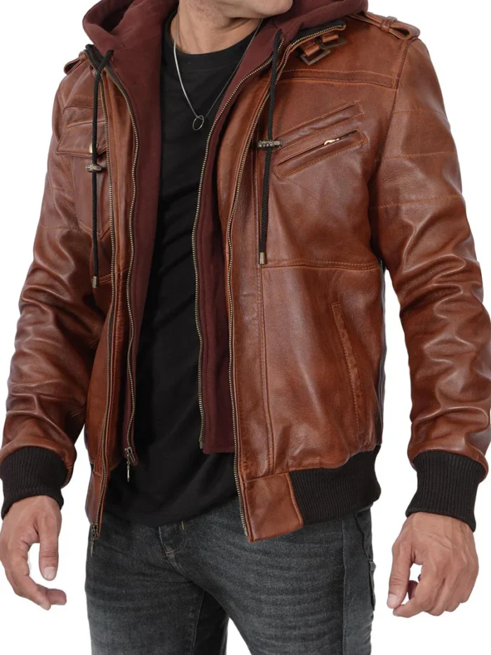 Edinburgh Men’s Bomber Brown Leather Jacket with Removable Hood – Stylish & Functional Outerwear