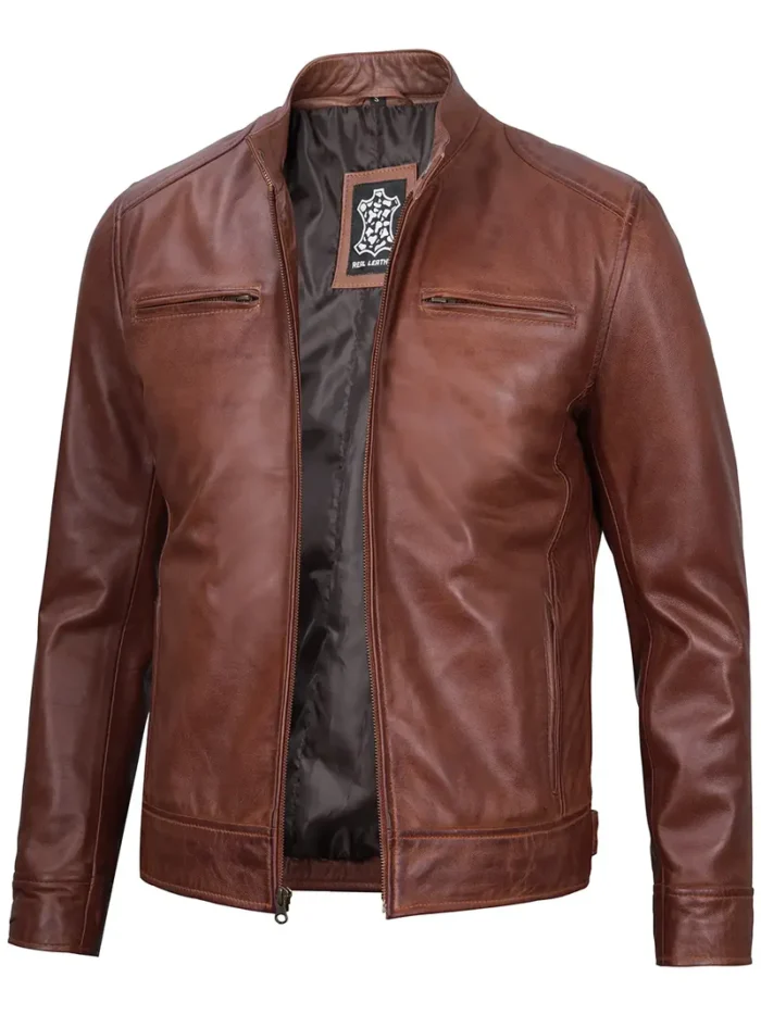 Dodge Men's Cognac Cafe Racer Leather Jacket – Sleek Style & Premium Quality