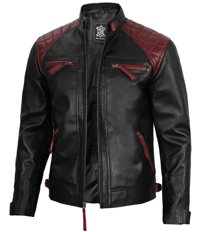 Rollins Men's Black and Maroon Quilted Cafe Racer Leather Jacket – Bold Style & Superior Comfort