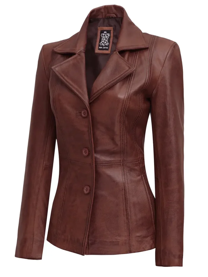 Women's Cognac Brown Leather Blazer – Elegant & Sophisticated Outerwear