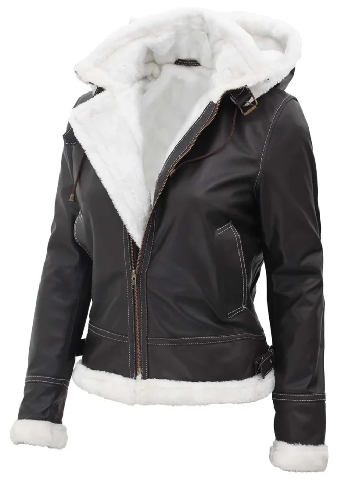 Mary Women's Leather Bomber Jacket with Fur Lining & Detachable Hood - Stylish Dark Brown Winter Coat