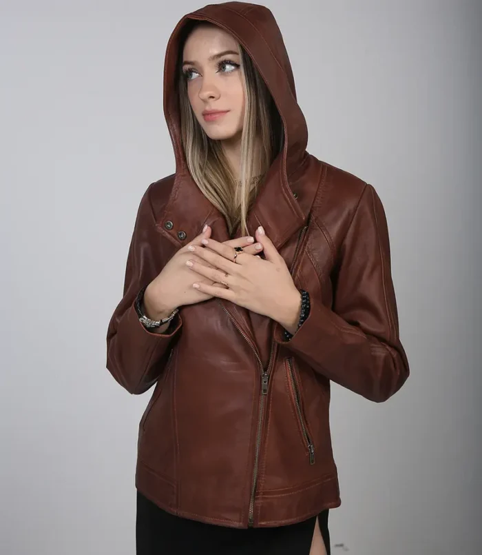 Cidra Women’s Asymmetrical Brown Hooded Leather Jacket – Stylish and Modern Leather Outerwear