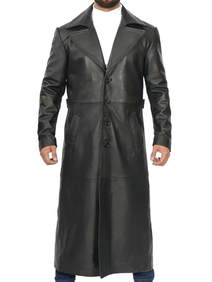 Jackson Men's Black Leather Long Coat – Stylish & Durable Winter Outerwear for Men