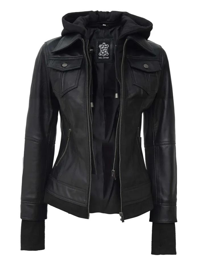 Tralee Petite Women’s Black Hooded Motorcycle Leather Jacket – Stylish & Comfortable Outerwear