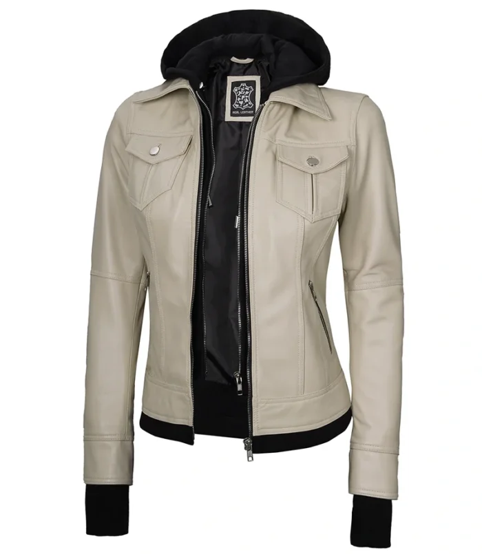 Women's Beige Motorcycle Leather Jacket with Hood – Stylish & Durable Outerwear for Every Ride