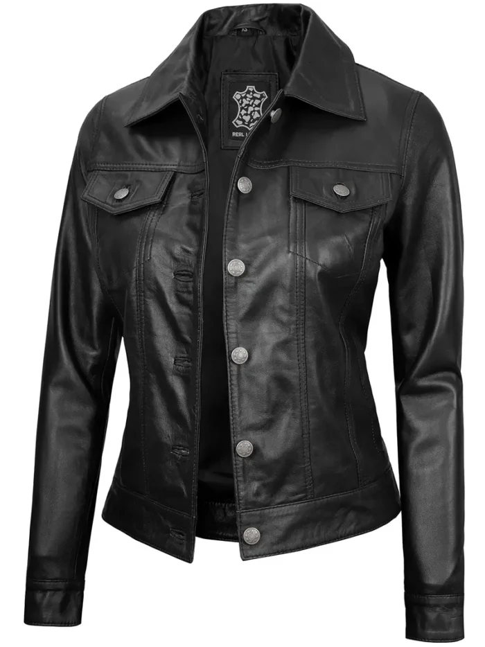 Fernando Women's Black Leather Trucker Jacket – Stylish, Durable & Timeless Outerwear