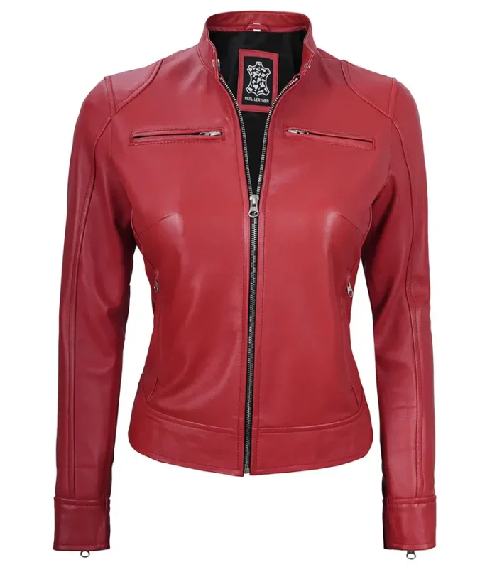 Women's Red Leather Café Racer Jacket – Slim Fit, Bold & Stylish Outerwear